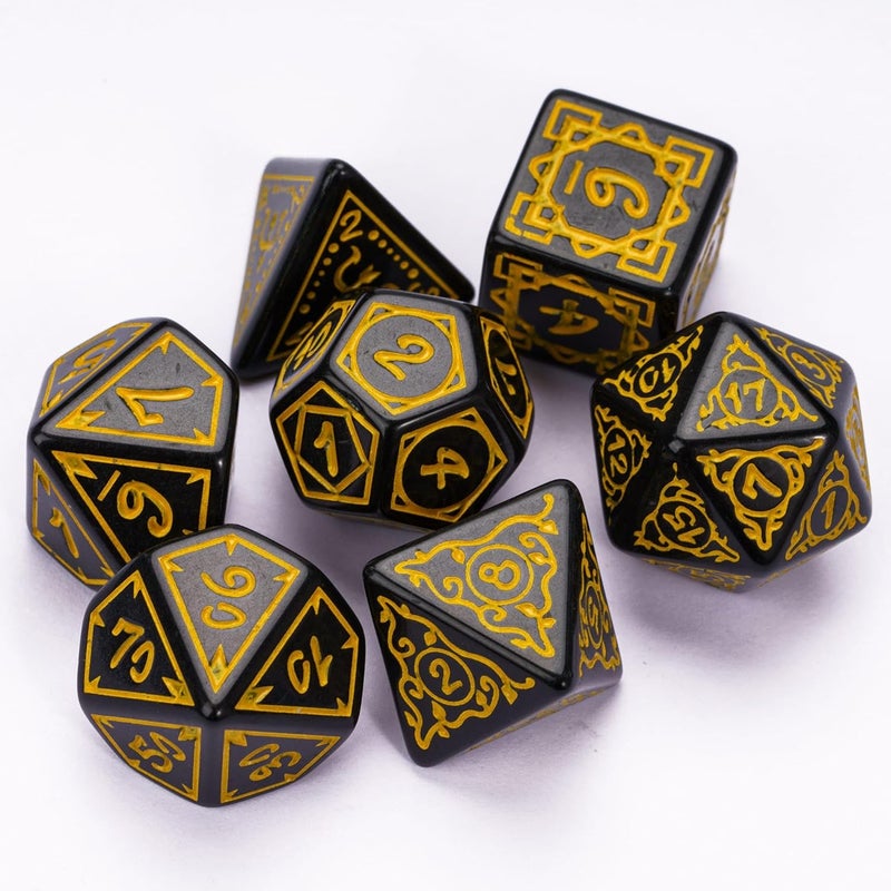 Poludie DND Dice Set -D&D Polyhedral Dice (7 Pcs) Druid Dice with Leather Dice Bag for Role Playing Dice Games RPGs(Druid - Black Yellow) - Image 2